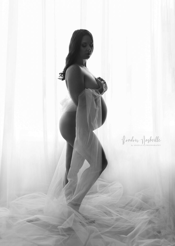 Dreamy maternity fine art nude wrapped in tulle.